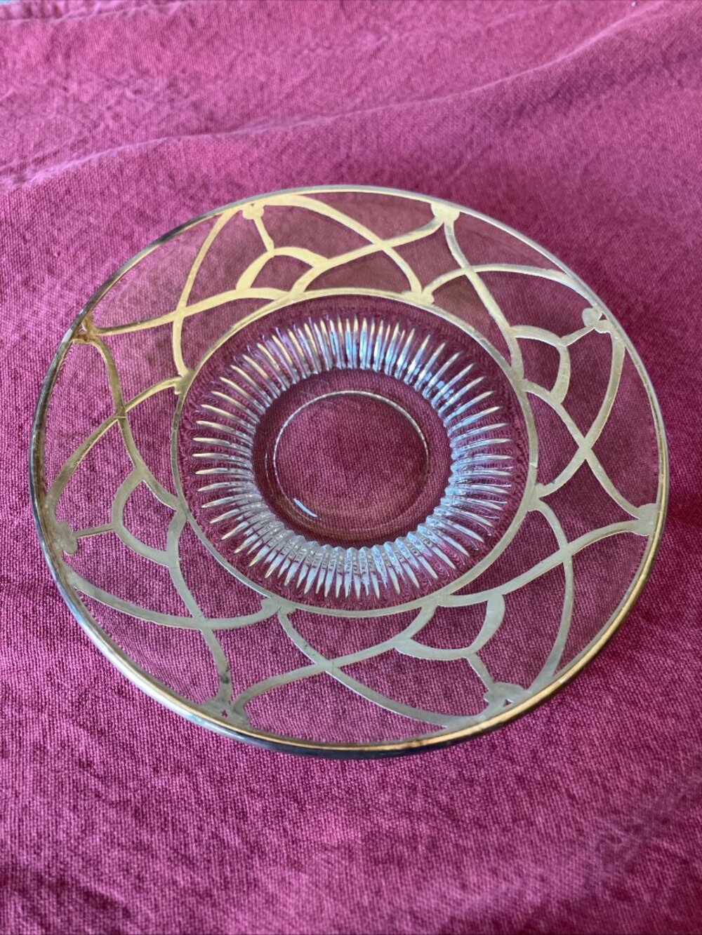 Antique Sterling Silver Overlay Glass Art Deco Pattern Saucer 6